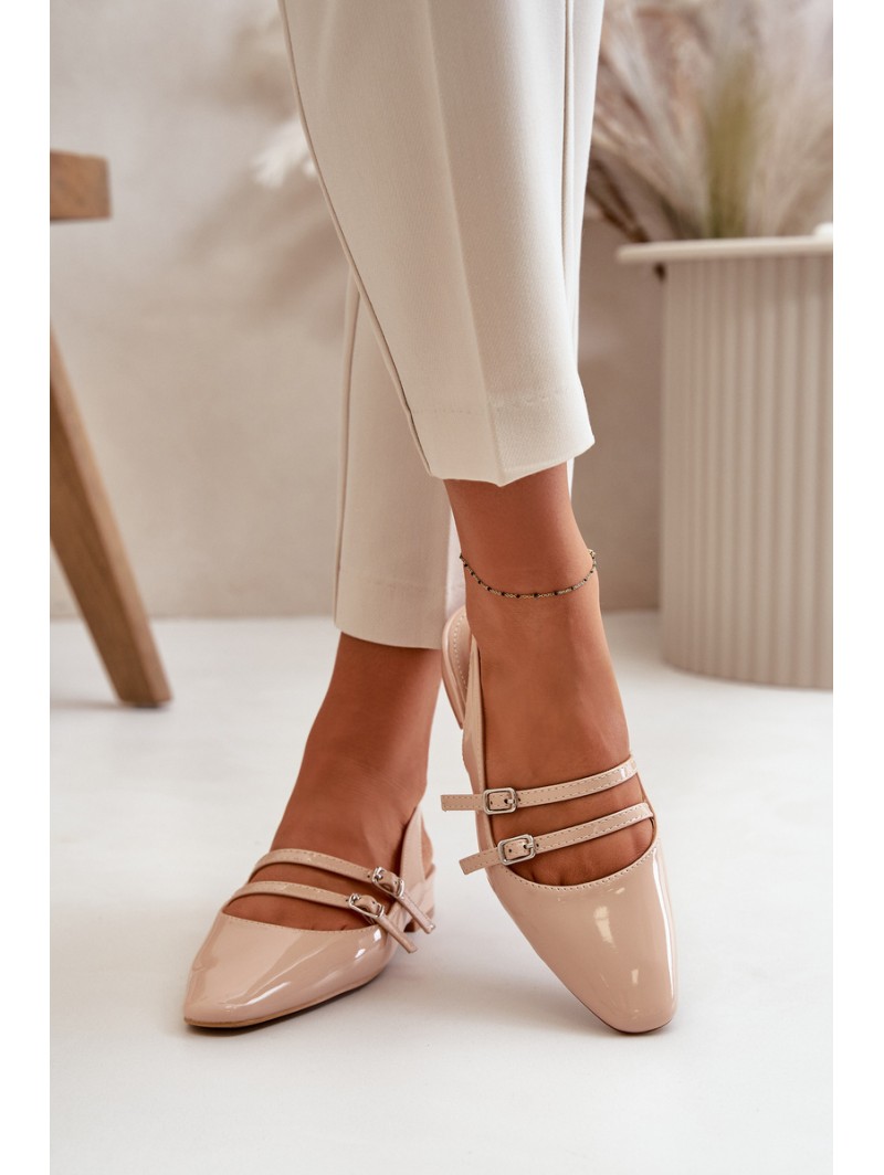Lacquered Ballet Flats With Straps On Low Heel Beige Bialettia