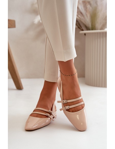 Lacquered Ballet Flats With Straps On Low Heel Beige Bialettia