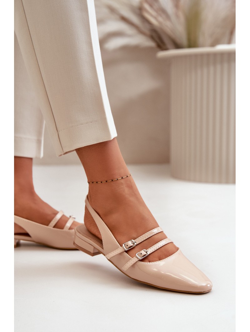 Lacquered Ballet Flats With Straps On Low Heel Beige Bialettia