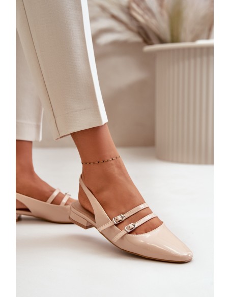Lacquered Ballet Flats With Straps On Low Heel Beige Bialettia