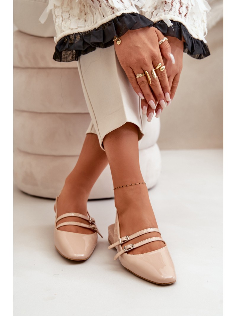 Lacquered Ballet Flats With Straps On Low Heel Beige Bialettia