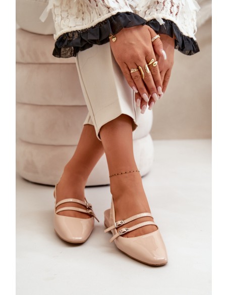 Lacquered Ballet Flats With Straps On Low Heel Beige Bialettia