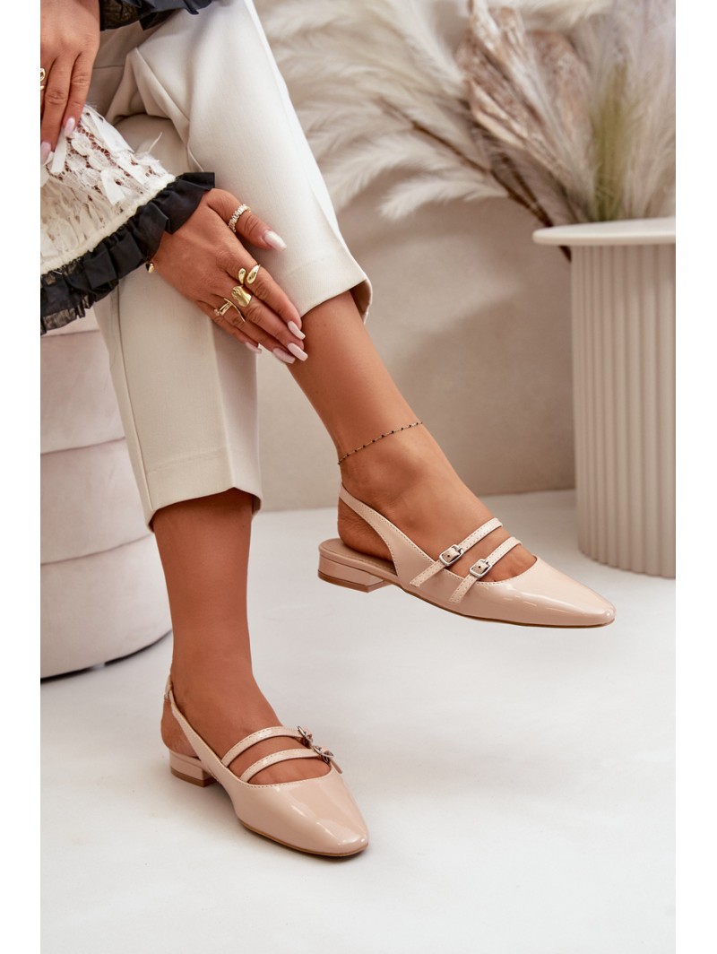 Lacquered Ballet Flats With Straps On Low Heel Beige Bialettia
