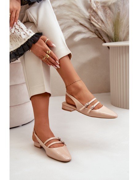 Lacquered Ballet Flats With Straps On Low Heel Beige Bialettia