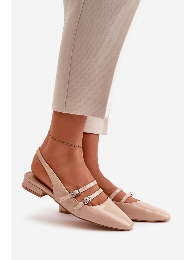Lacquered Ballet Flats With Straps On Low Heel Beige Bialettia