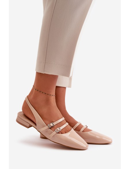Lacquered Ballet Flats With Straps On Low Heel Beige Bialettia