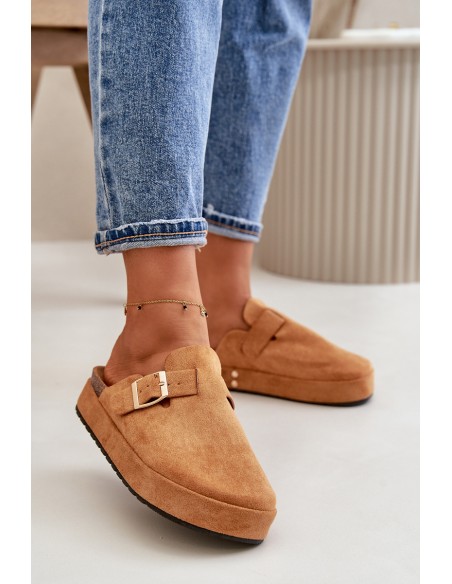 Women's Platform Clogs With Golden Buckle Camel Terilaina