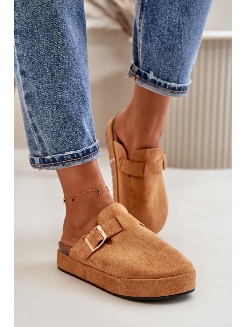 Women's Platform Clogs With Golden Buckle Camel Terilaina