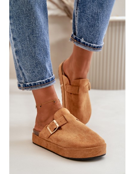 Women's Platform Clogs With Golden Buckle Camel Terilaina
