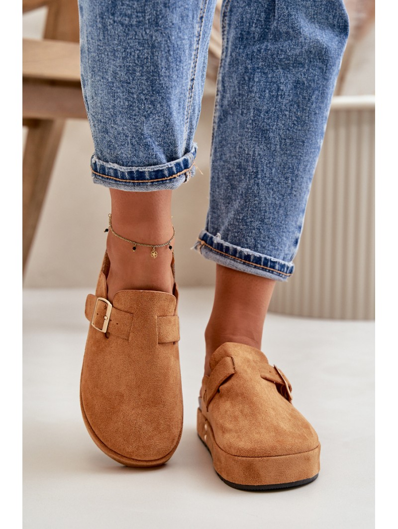Women's Platform Clogs With Golden Buckle Camel Terilaina