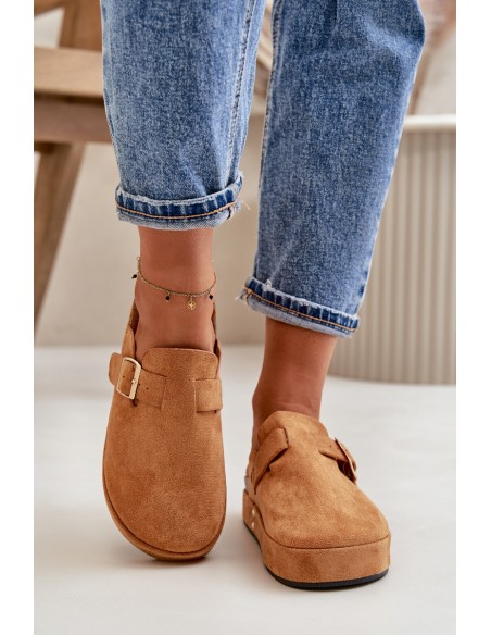 Women's Platform Clogs With Golden Buckle Camel Terilaina