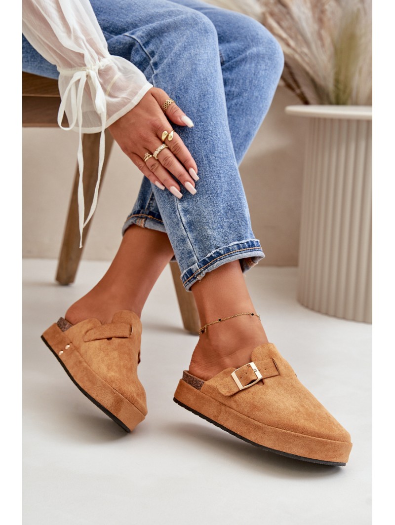 Women's Platform Clogs With Golden Buckle Camel Terilaina