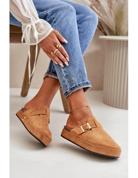 Women's Platform Clogs With Golden Buckle Camel Terilaina