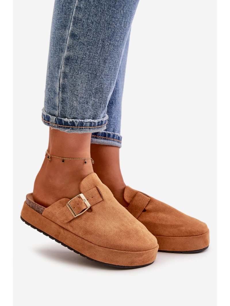 Women's Platform Clogs With Golden Buckle Camel Terilaina