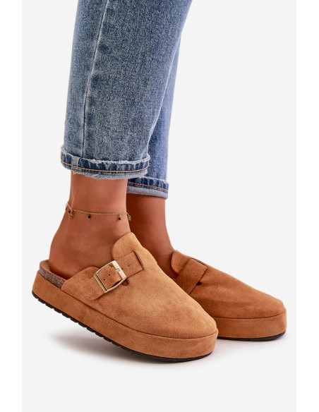 Women's Platform Clogs With Golden Buckle Camel Terilaina