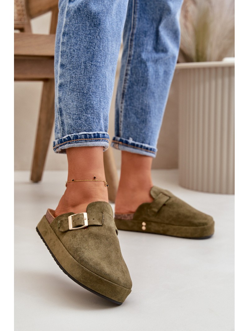 Women's Platform Clogs With Golden Buckle Dark Green Terilaina