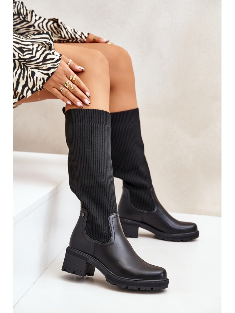 Slip-on Boots With Elastic Shaft Over The Knee Black Vaimi