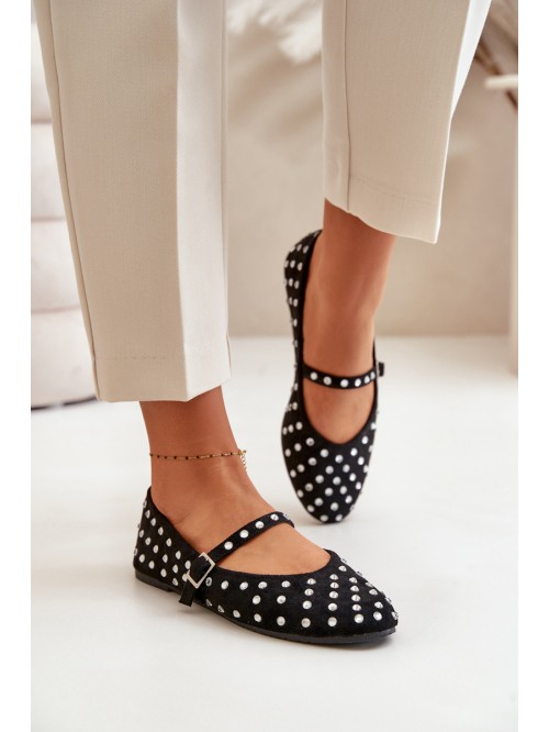 Decorated Ballerinas With Strap Eco Suede Black Tirilissa