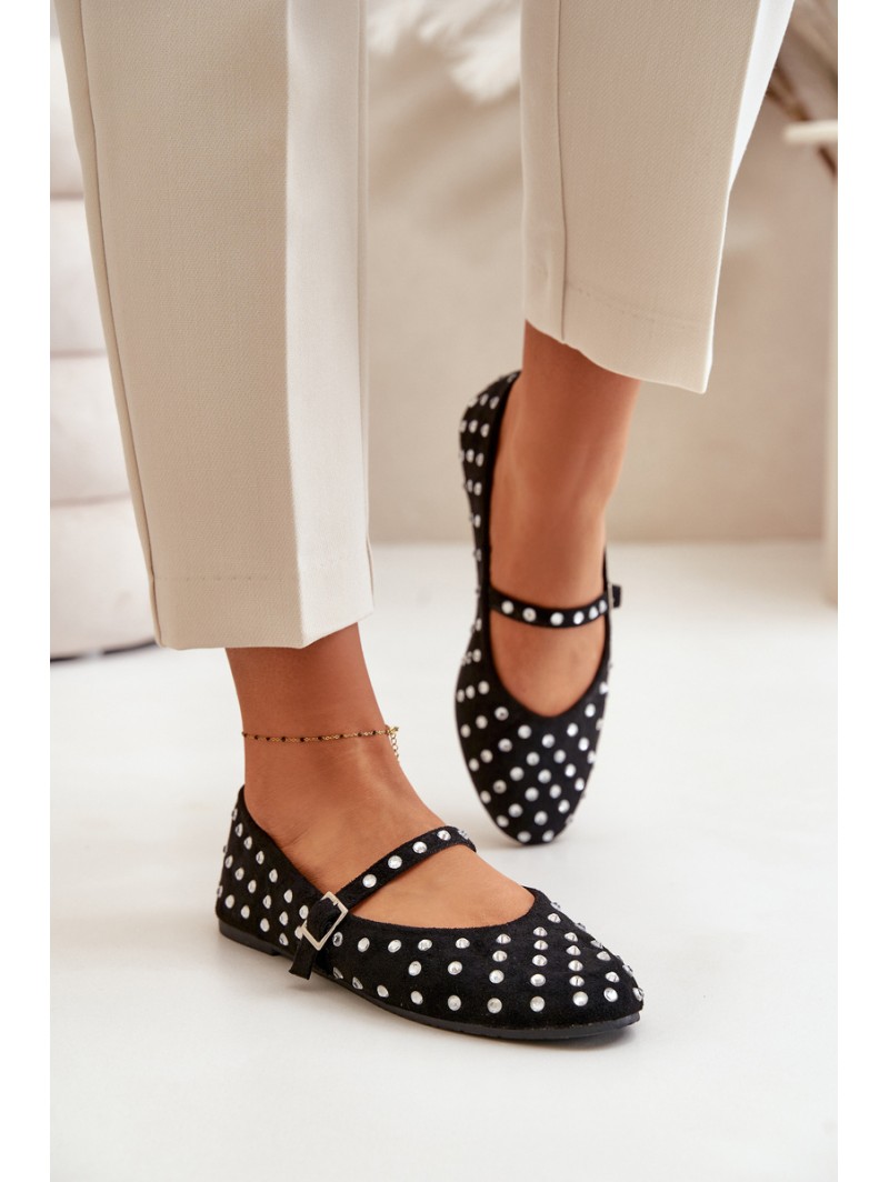 Decorated Ballerinas With Strap Eco Suede Black Tirilissa