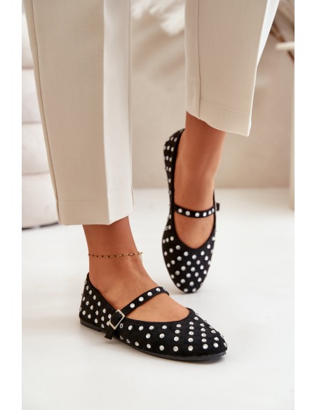 Decorated Ballerinas With Strap Eco Suede Black Tirilissa