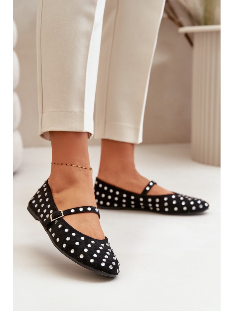 Decorated Ballerinas With Strap Eco Suede Black Tirilissa