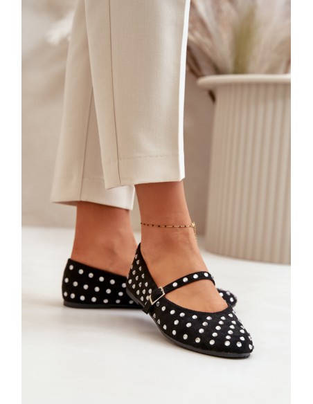 Decorated Ballerinas With Strap Eco Suede Black Tirilissa