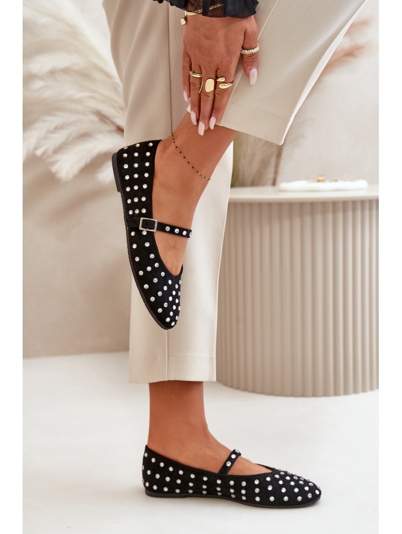 Decorated Ballerinas With Strap Eco Suede Black Tirilissa