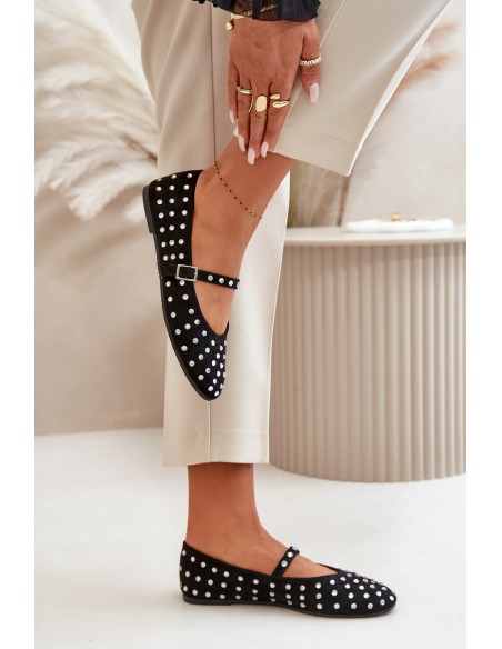 Decorated Ballerinas With Strap Eco Suede Black Tirilissa