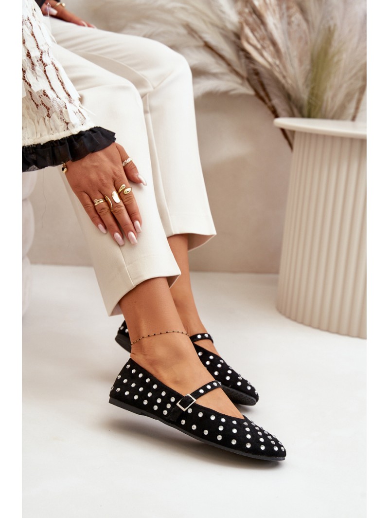 Decorated Ballerinas With Strap Eco Suede Black Tirilissa