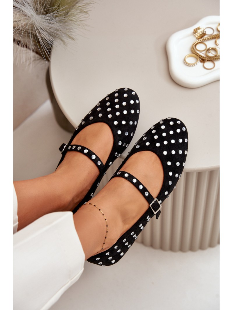 Decorated Ballerinas With Strap Eco Suede Black Tirilissa