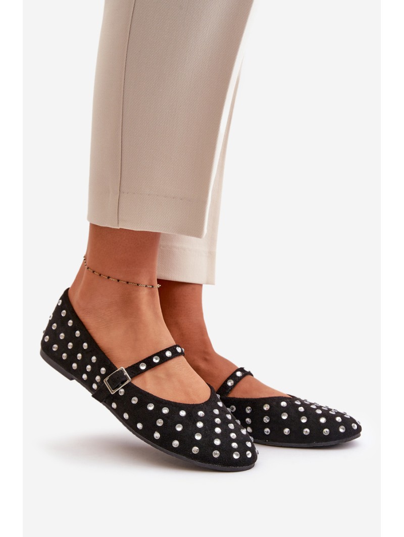 Decorated Ballerinas With Strap Eco Suede Black Tirilissa
