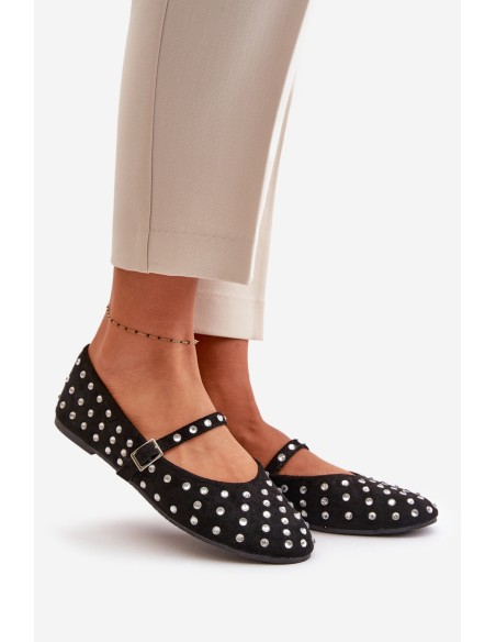 Decorated Ballerinas With Strap Eco Suede Black Tirilissa
