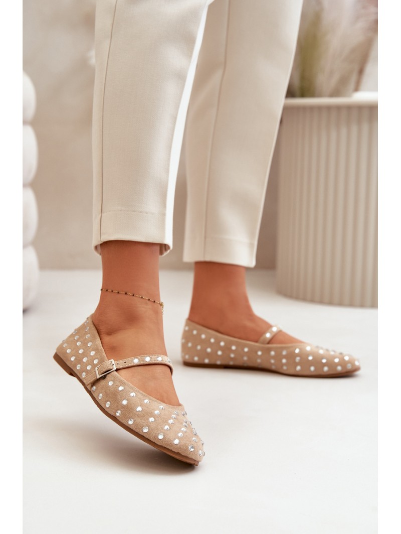 Embellished Ballerinas With Strap Eco Suede Beige Tirilissa