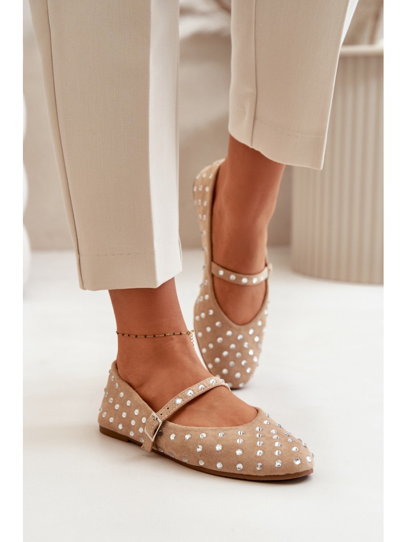 Embellished Ballerinas With Strap Eco Suede Beige Tirilissa