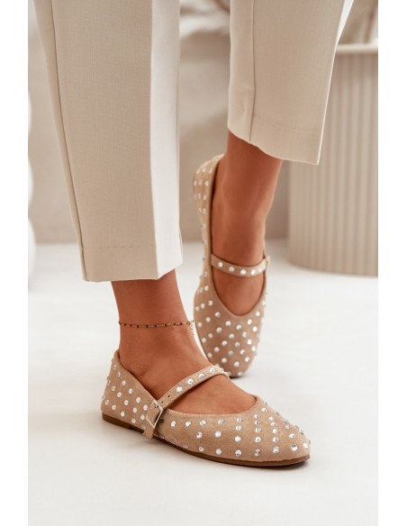 Embellished Ballerinas With Strap Eco Suede Beige Tirilissa
