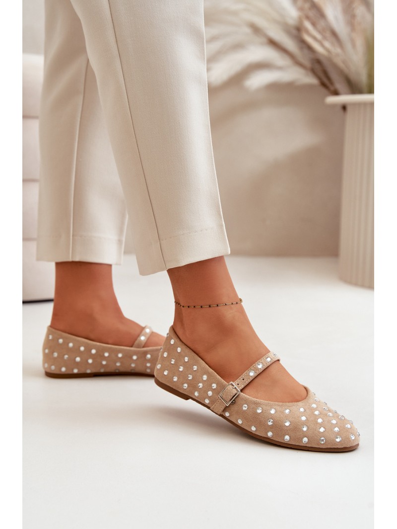 Embellished Ballerinas With Strap Eco Suede Beige Tirilissa