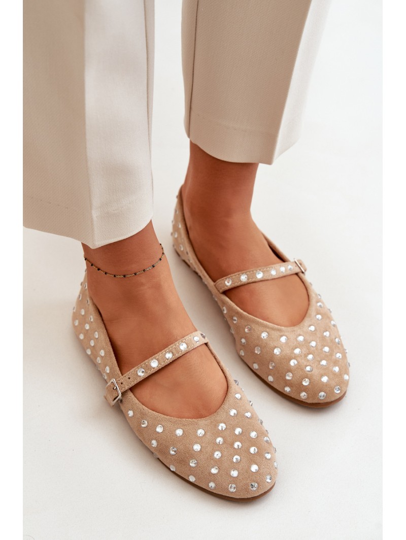 Embellished Ballerinas With Strap Eco Suede Beige Tirilissa