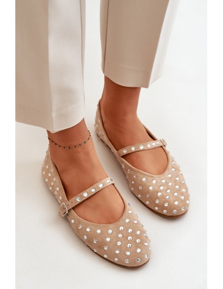Embellished Ballerinas With Strap Eco Suede Beige Tirilissa