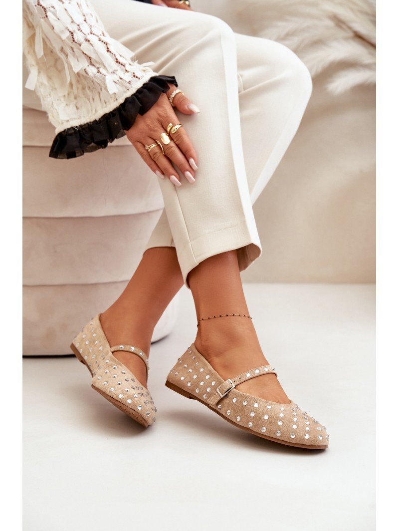 Embellished Ballerinas With Strap Eco Suede Beige Tirilissa