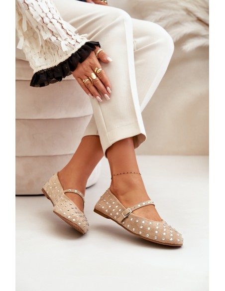 Embellished Ballerinas With Strap Eco Suede Beige Tirilissa