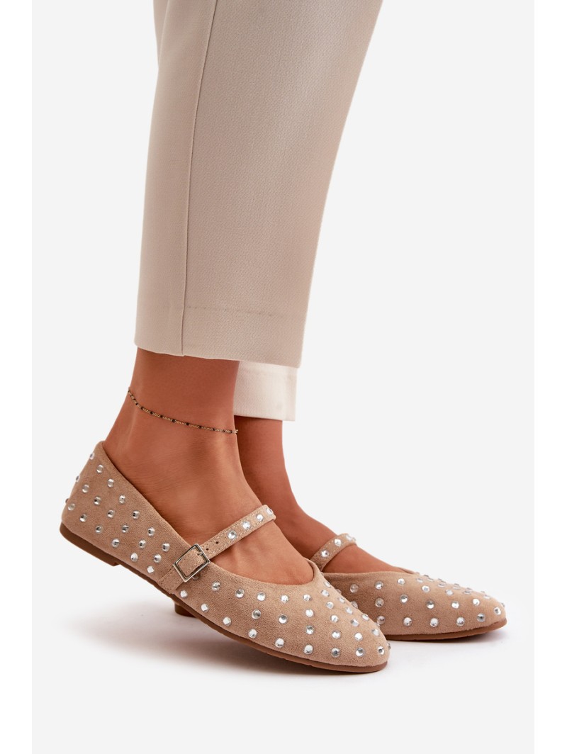 Embellished Ballerinas With Strap Eco Suede Beige Tirilissa
