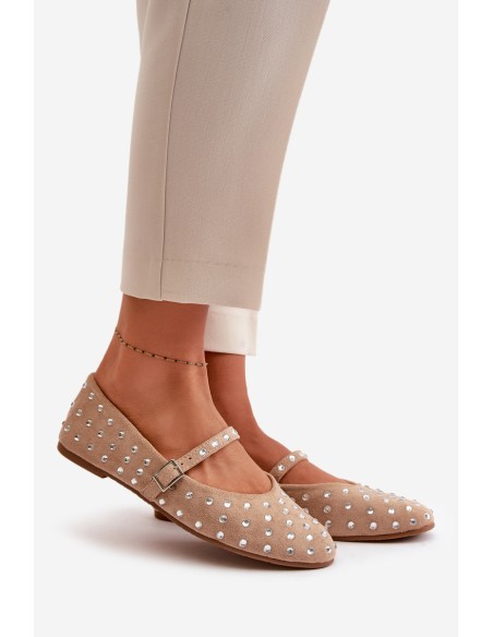 Embellished Ballerinas With Strap Eco Suede Beige Tirilissa