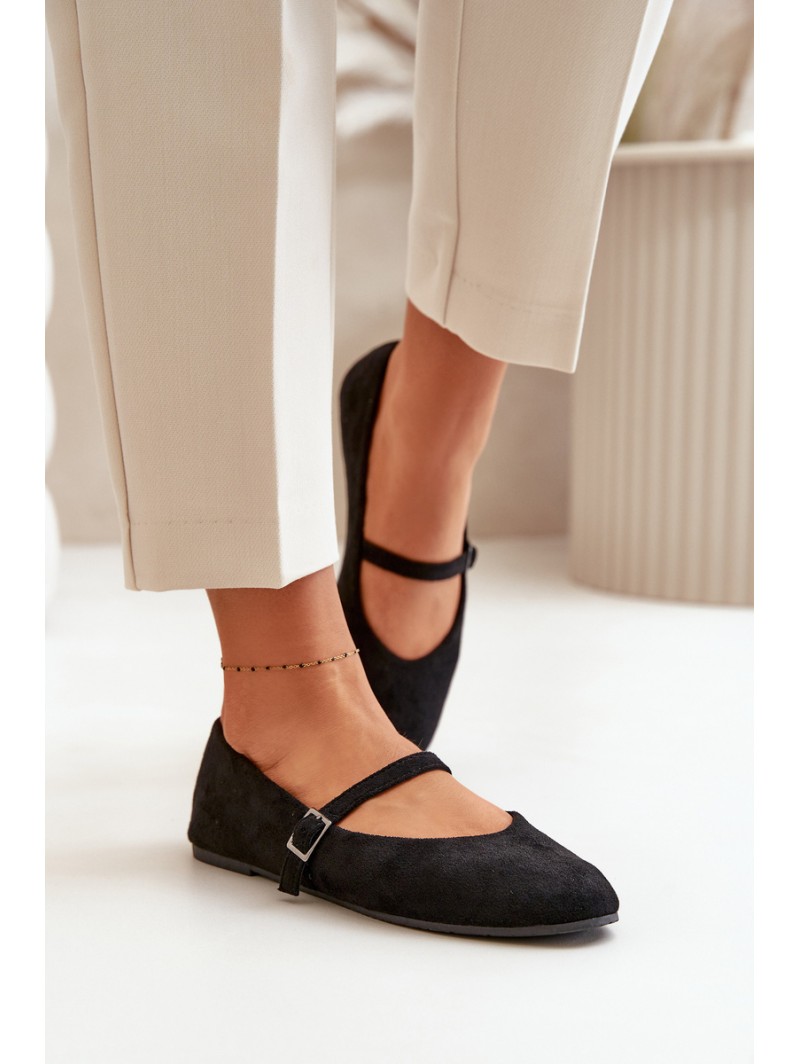 Flat Ballet Shoes With Strap Eco Suede Black Tirilina