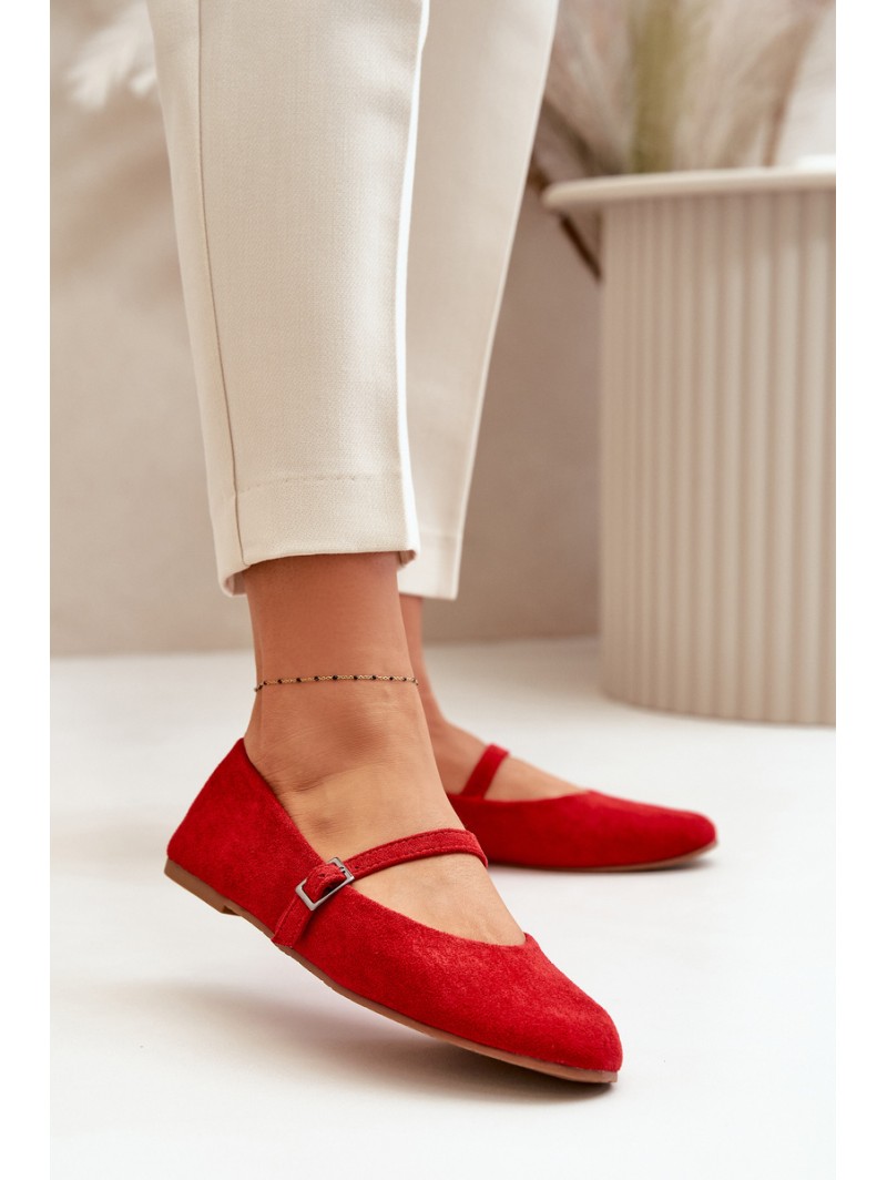 Flat Ballet Shoes With Strap Eco Suede Red Tirilina