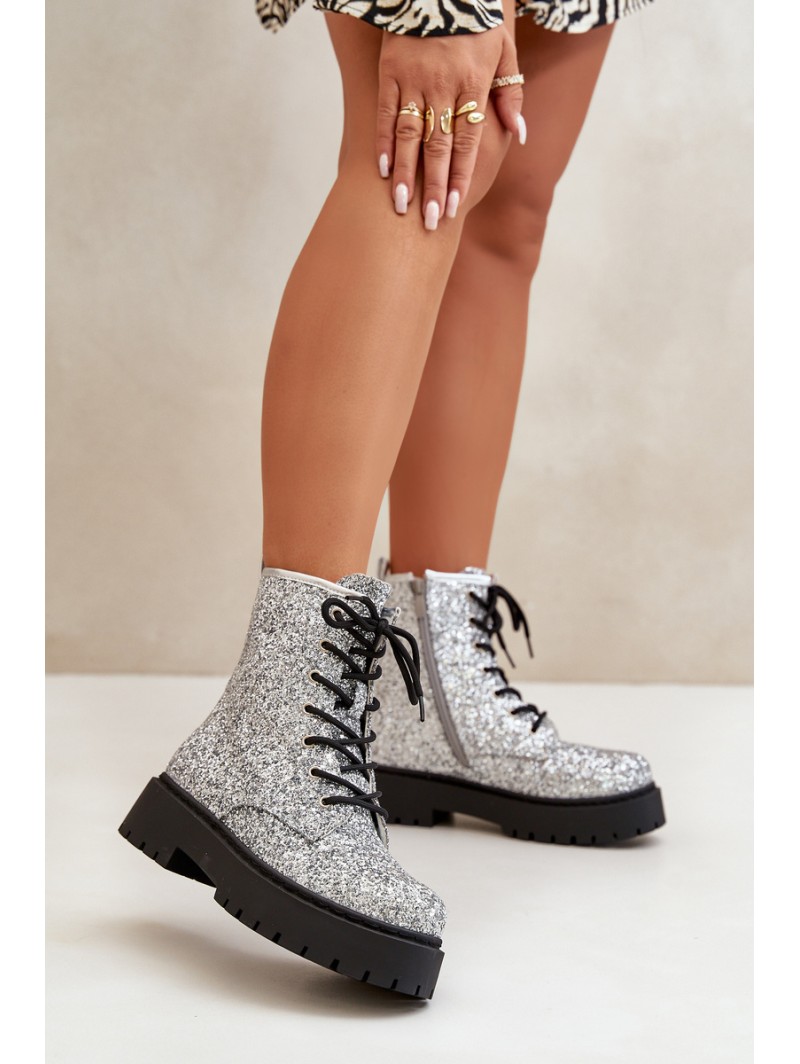 Insulated Ankle Boots Workers Women's Decorated With Sequins Silver Liatheine