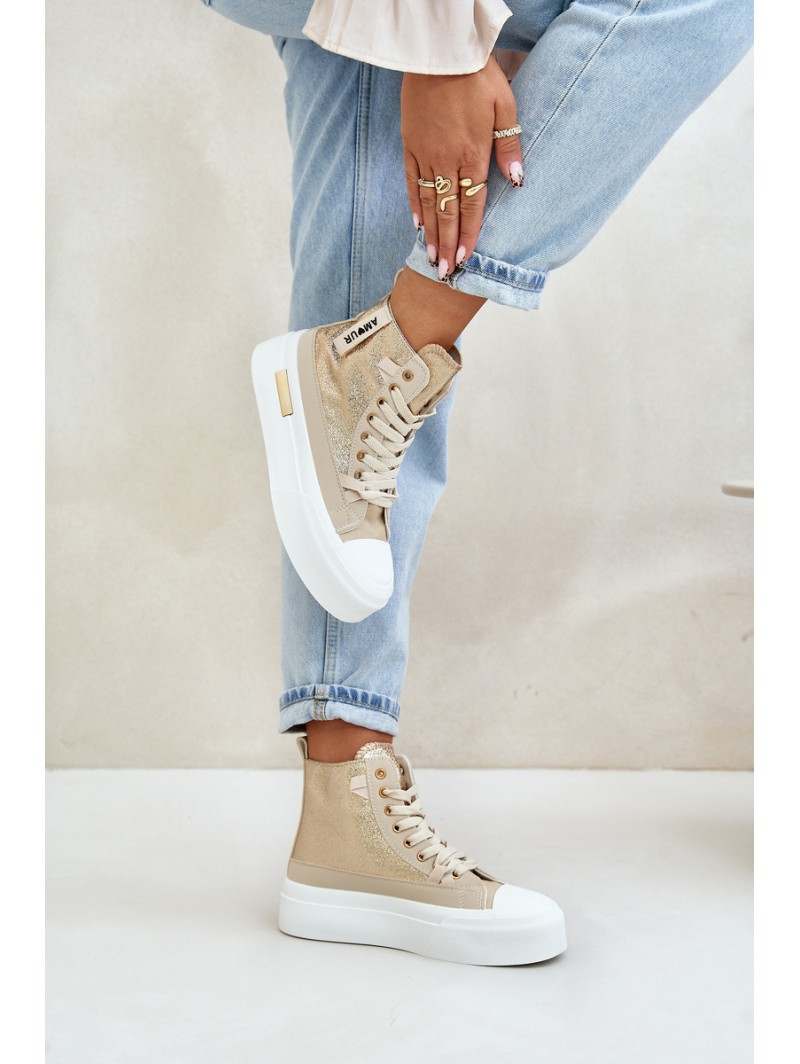 Women's High Sneakers On Platform Beige-Gold Averira