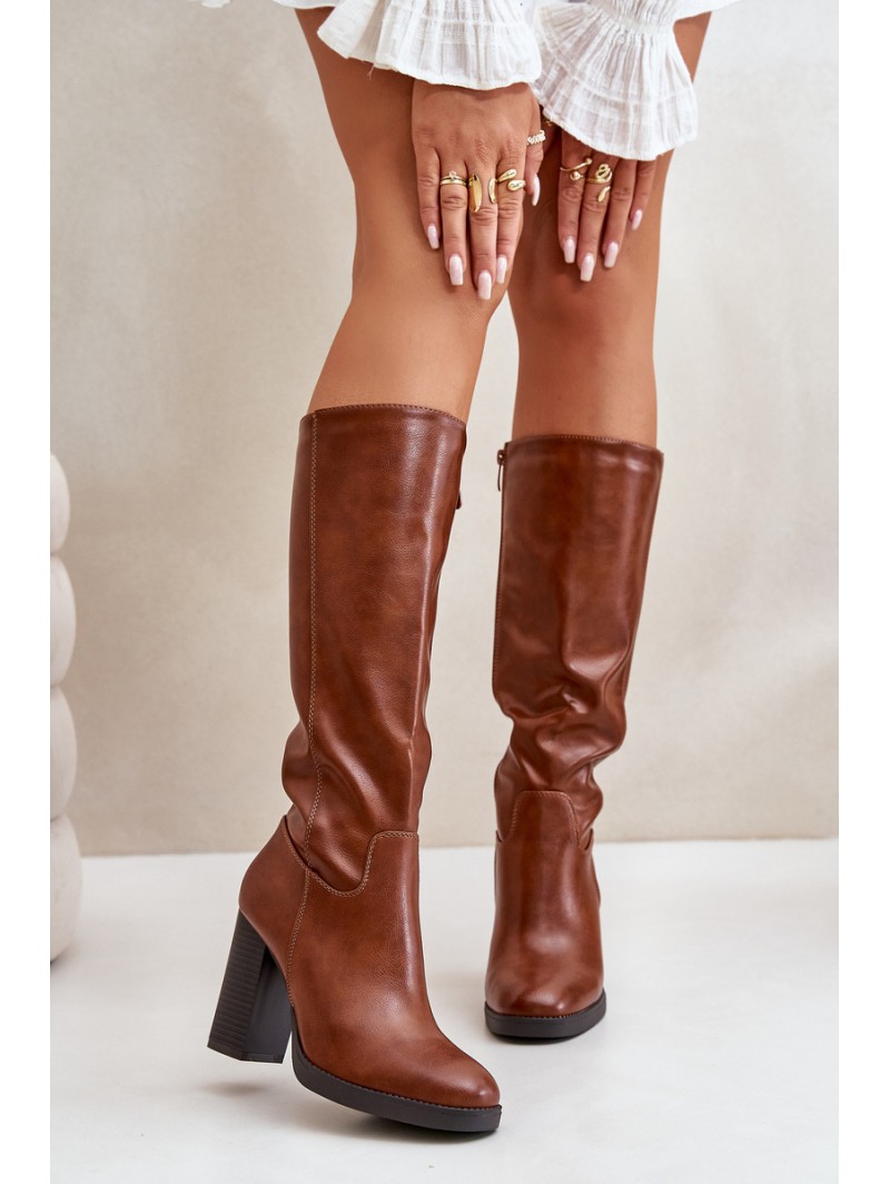 Heeled Boots Eco Leather Knee High Camel Riamaya