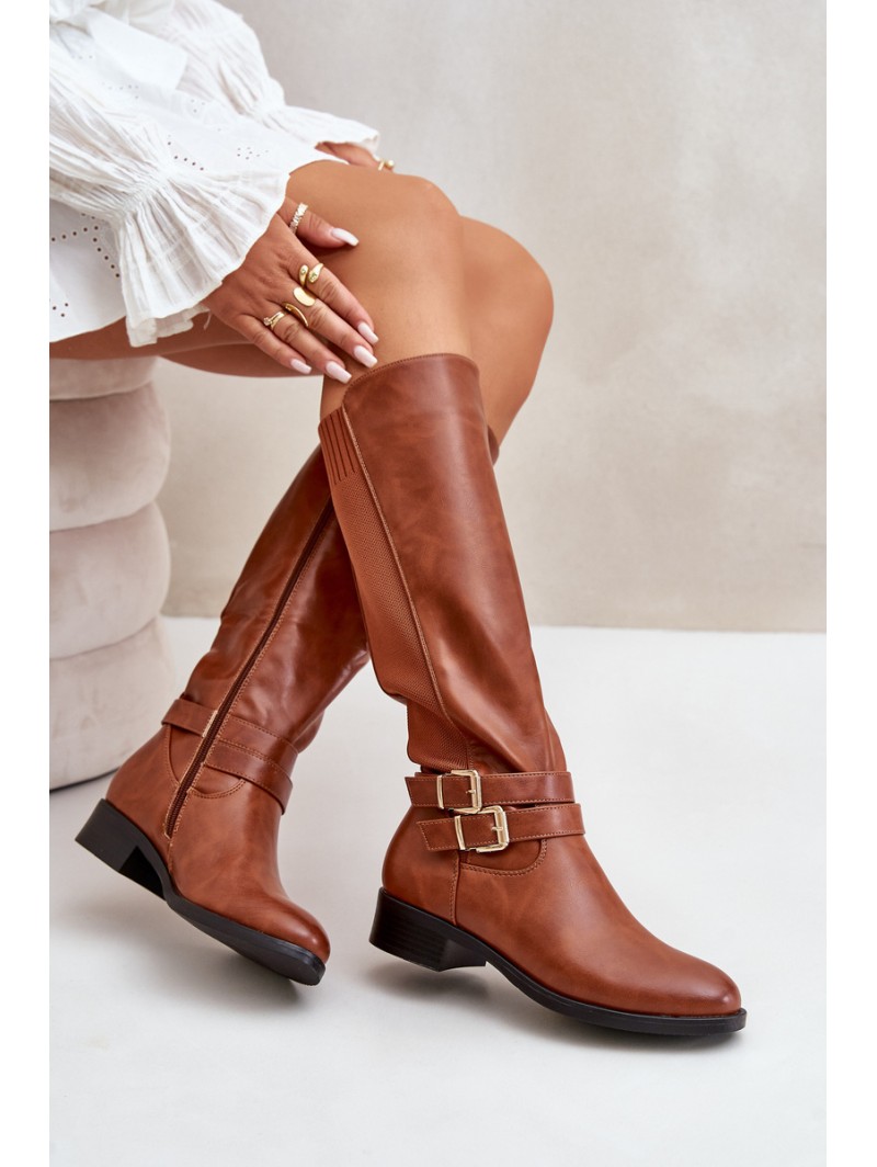 Women's Knee High Boots With Flat Heel And Buckles Camel Lotina