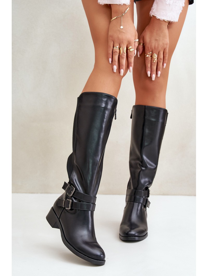 Knee High Women's Boots with Flat Heels and Buckles Black Lotina