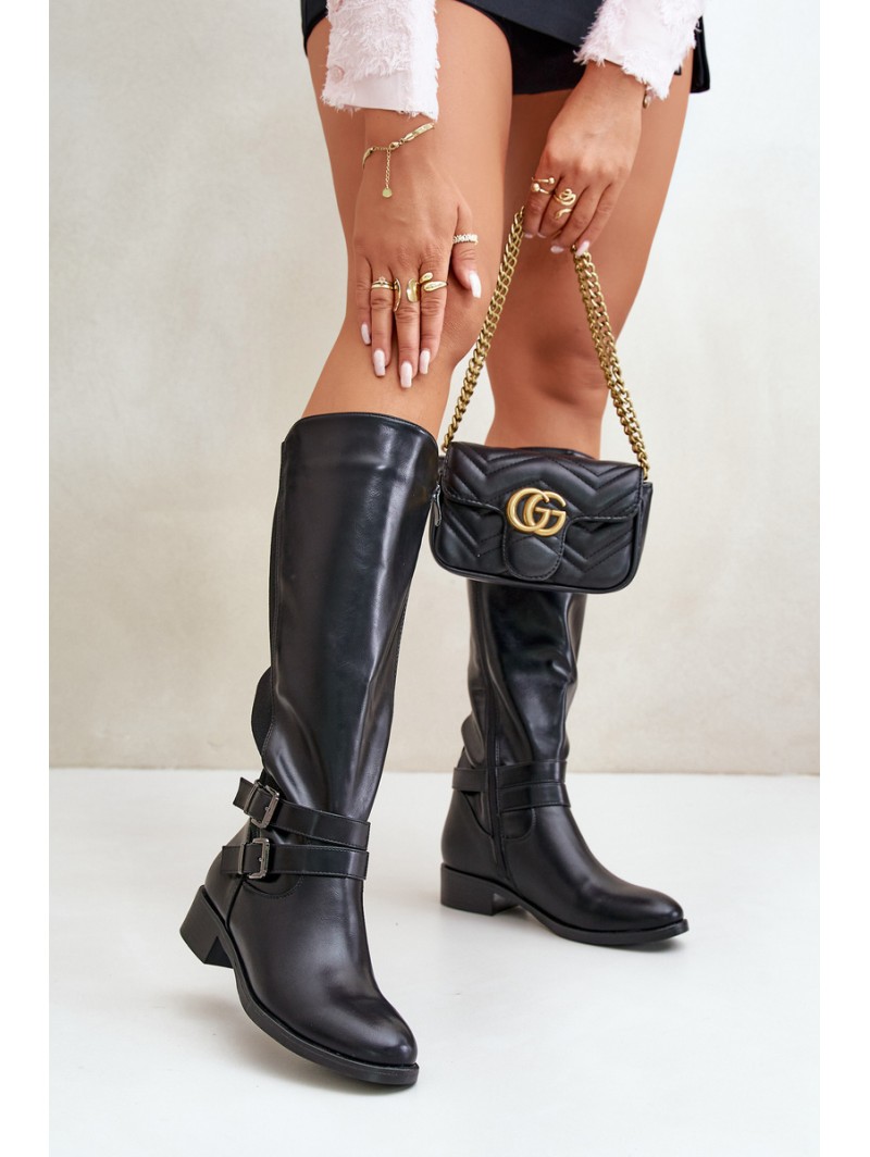 Knee High Women's Boots with Flat Heels and Buckles Black Lotina